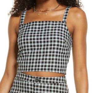 NWT Nordstrom BP Plaid Black Blue White Square Neck Smocked Crop Top 90s Size S